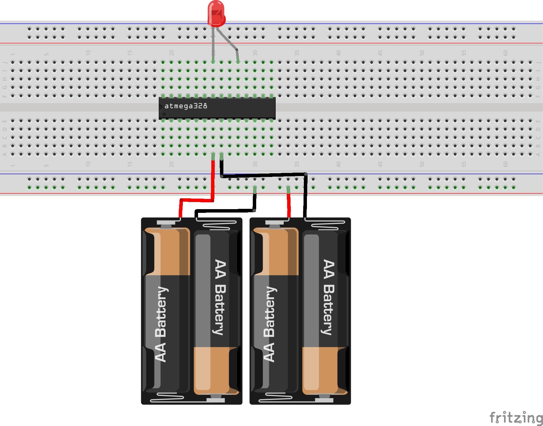 Simple breadboard circuit with LED on pin 13 of ATmega328